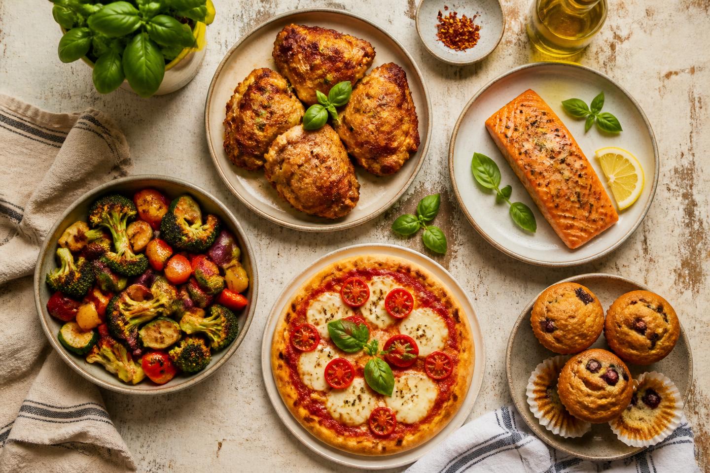 Piatti preparati con la friggitrice ad aria: pollo, salmone, verdure, pizza e muffin