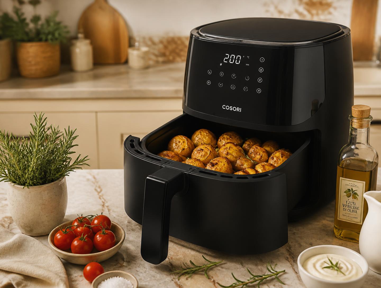 Friggitrice ad aria moderna con patate croccanti in una cucina italiana